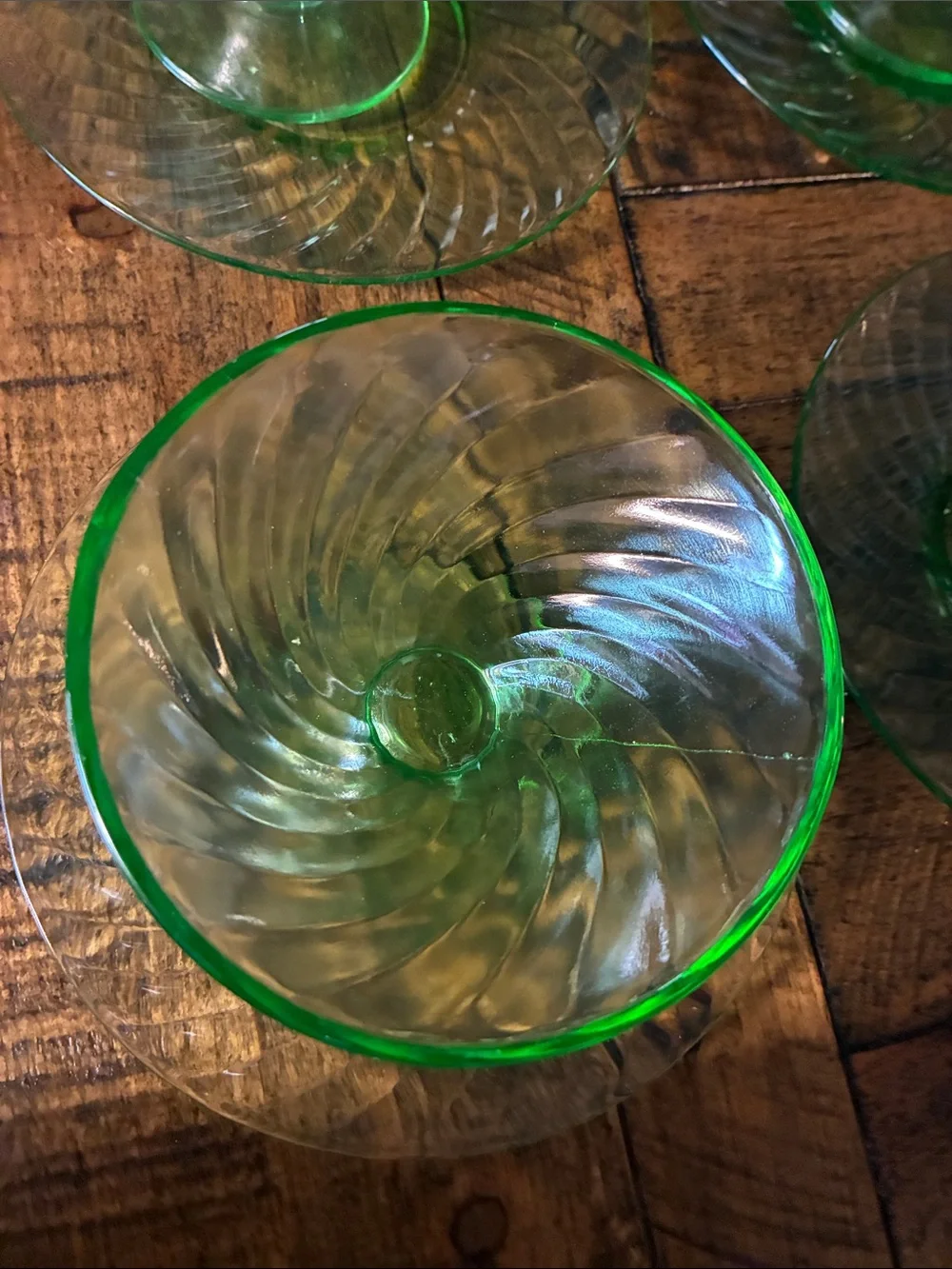 Uranium Glass Green Dessert Cups with Matching Saucers